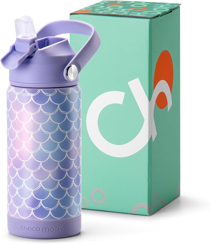 Choco Mocha Kids Water Bottle For School, Kids Insulated Water Bottle Stainless Steel, Girls Water Bottle 14Oz,Purple Mermaid