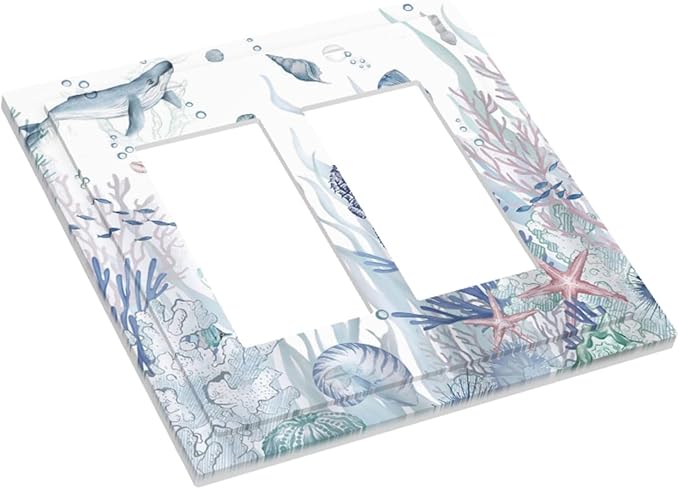 Ocean Themed Coral Seahorse Seashell Starfish Beach Decorative Outlet Covers 2 Gang Double GFCI Rocker Electrical Wall Panels Light Switch Cover Plate for Bathroom Home Decor