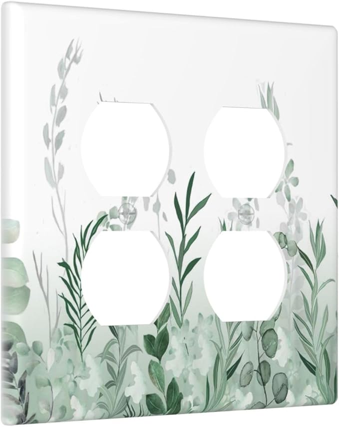 Watercolor Green Leaf Rustic Plant Eucalyptus Flowers Outlet Covers 2 Gang Double Duplex Decorative Light Switch Covers Electrical Wallplates Socket Faceplate for Bed Room Living Room Decor