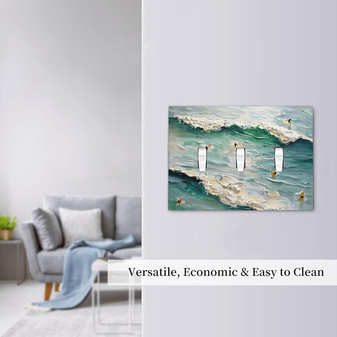 Beach Waves Ocean Surfing Hoverboard Painting Print Decorative Switch Plates 3 Gang Wall Plate Triple Toggle Light Switch Cover Faceplate Electrical Wall Panels for Bedroom Living Room Decor