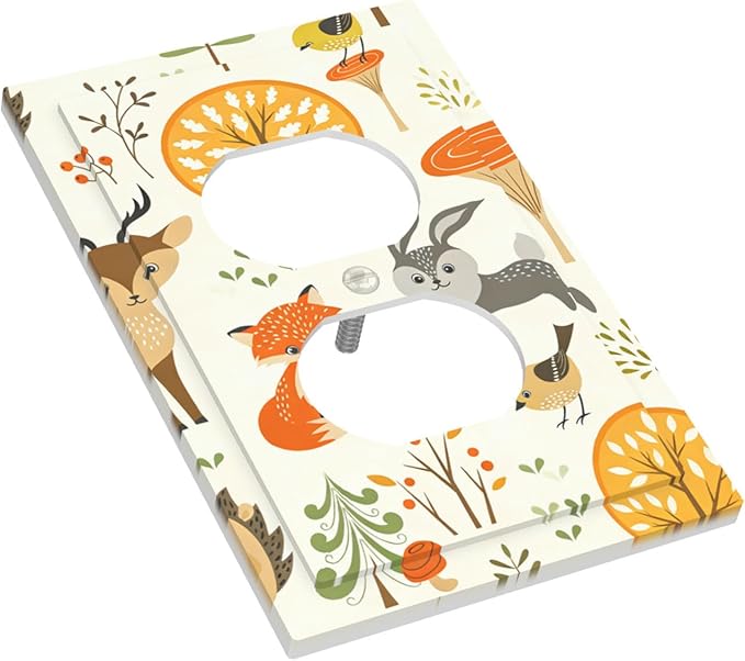 Cute Woodland Animals Duplex Wall Plate - 1-Gang Standard US Size Forest Pattern Trees Mushrooms and Berries Outlet Covers for Boys & Girls Room Decor