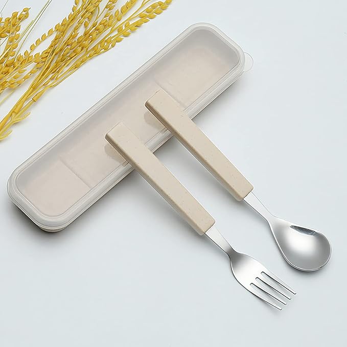 VANRA 2-Piece Children Flatware Set 18/10 Stainless Steel Child Tableware Set Silver Cutlery Set Silverware Dinner Utensils Spoon Fork Set with Travel Case for Kids Toddlers (Chrome Finished) (Cream)