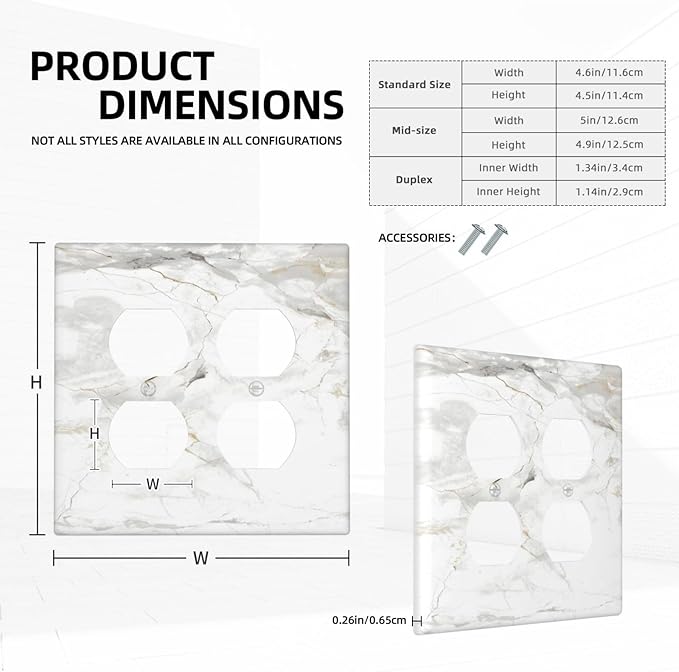 White Marbling Golden Stream Lines Print Outlet Covers 2 Gang Double Duplex Decorative Light Switch Covers Electrical Wallplates Socket Faceplate for Bathroom Kitchen Decor