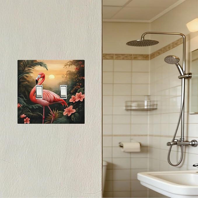 Tropical Flamingo Jungle Paradise Double Toggle Switch Cover - 2-Gang Standard US Size Exotic Jungle Escape Light Switch Covers for Bathroom Decor