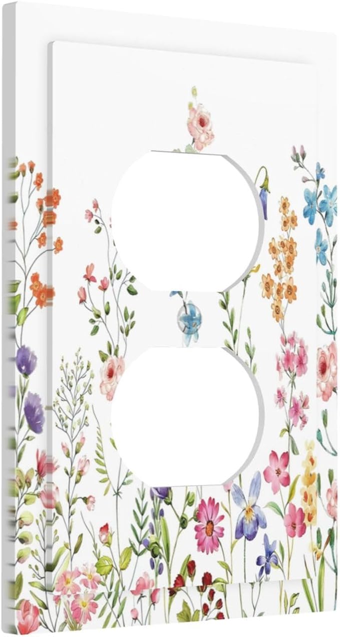 Boho Watercolor Wildflowers Floral Plants Flower Outlet Covers 1 Gang Duplex Light Switch Cover Decorative Switch Plates Electrical Receptacle Faceplate Wall Plate for Bedroom Living Room Decor