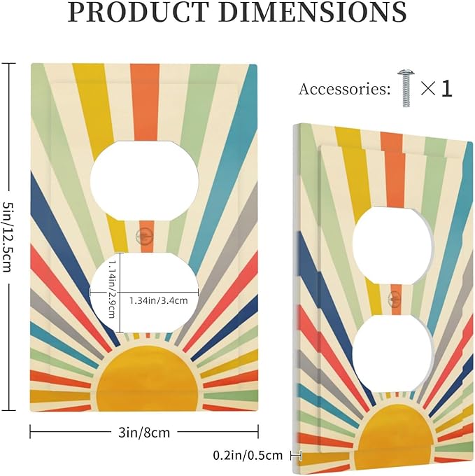 Retro Vintage Hippie Rainbow Sun 1 Gang Duplex Wall Plate Receptacle Outlet Covers 70s Boho Mid Century Art Abstract Sunrise Sunset Electrical One Gang Dual Device Light Switch Faceplate Socket Cover