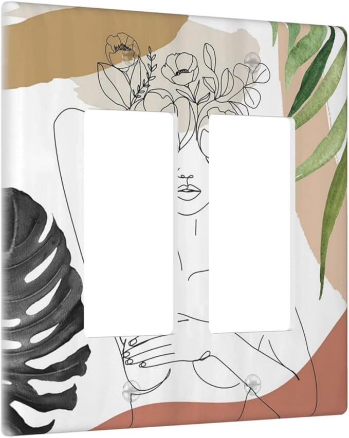 Mid Century Abstract Women Lady Boho Palm Leaf 2 Gang Rocker Decora Light Switch Covers Decorative Unique Dual Outlet Covers Wall Plate Electrical Faceplate Switchplate GFCI for Bedroom Decor