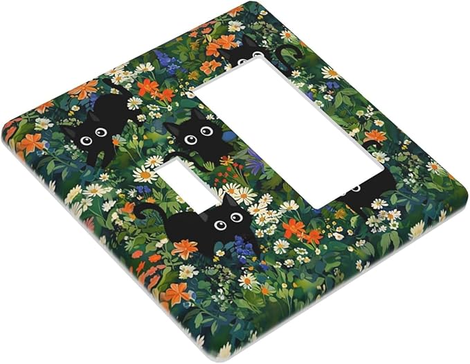 Cute Cool Funny Black Boho Cat 2 Gang Combination 1-Toggle 1-Decorator/Gfci Device Wall Plates Fun Cartoon Kid Boy Girl Forest One Rocker with Toggle Combo Light Switch Plates and Socket Outlet Covers