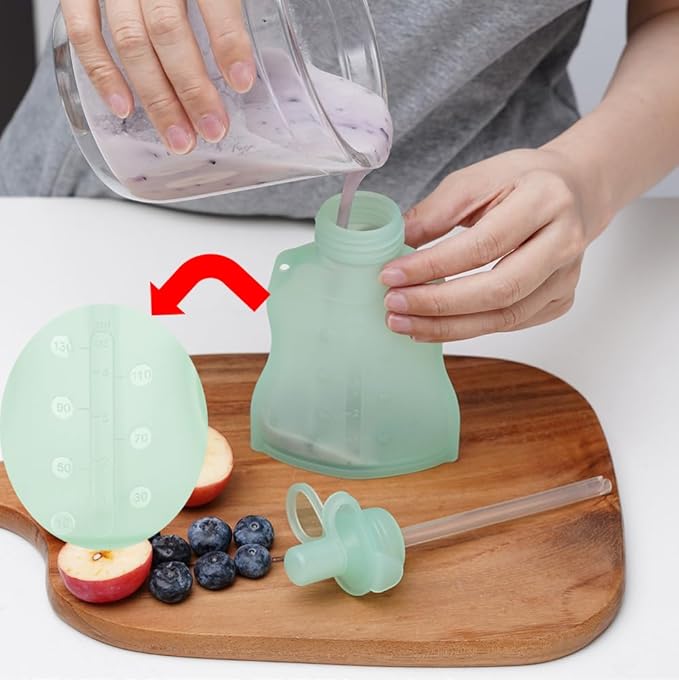 haakaa Silicone Yummy Pouch 4.5 oz – Reusable Silicone Snack & Smoothie Pouch, Refillable, Leak-Resistant, Dishwasher Safe, Eco-Friendly Food Storage for Babies Kids & Toddlers (4-PK, Lime)
