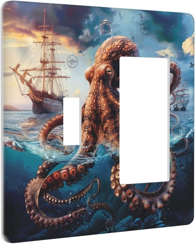 Outlet Covers Deep Ocean Octopus Sailboat Sea Monster 2 Gang Combo Light Switch Cover Plate Toggle Rocker Wallplates Decorative Switch Plates and Outlet Covers for Bathroom Bedroom Decor