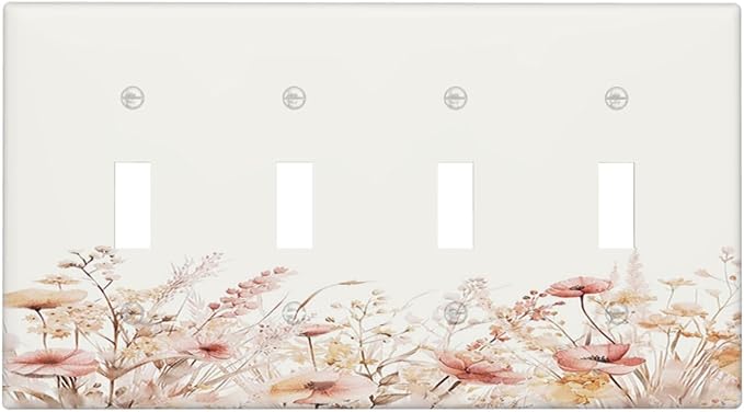 Light Switch Cover Plate Boho Floral Watercolor Flower Pattern 4 Gang Quad Toggle Wall Plate Electrical Outlet Cover Decorative Switch Plate Covers for living Room Home Decor
