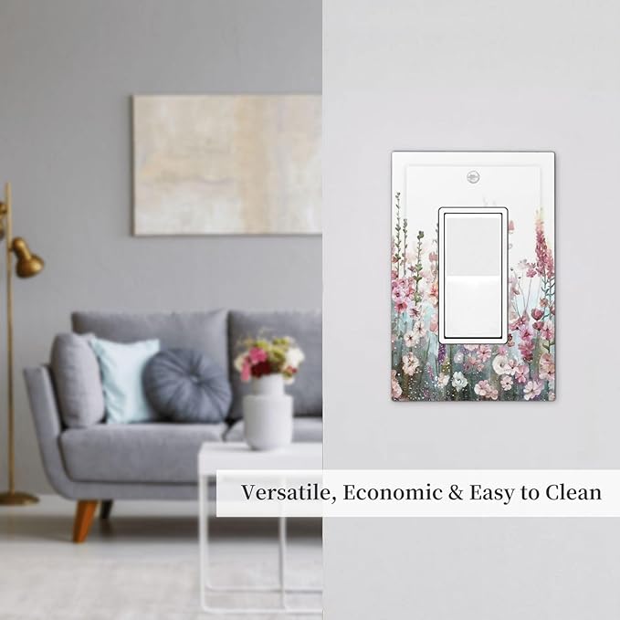Colorful Flowers Pink Floral Watercolor Plant Decorative Outlet Covers 1 Gang Single Rocker Light Switch Cover Plate Wall Plates GFCI Faceplate for Bed Room Living Room Decor