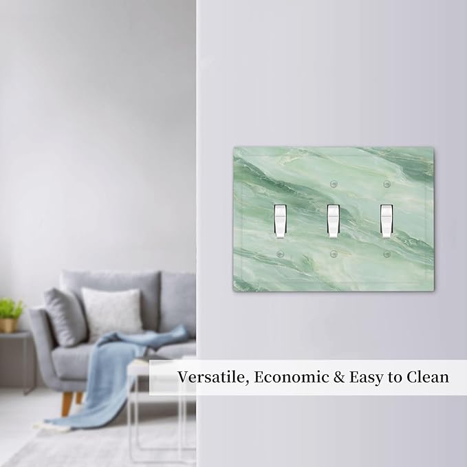 Decorative Light Switch Cover Plate Green Marble Pattern 3 Gang Wall Plate Triple Toggle Switch Plate Covers Electrical Outlet Cover for Home Bedroom Decor