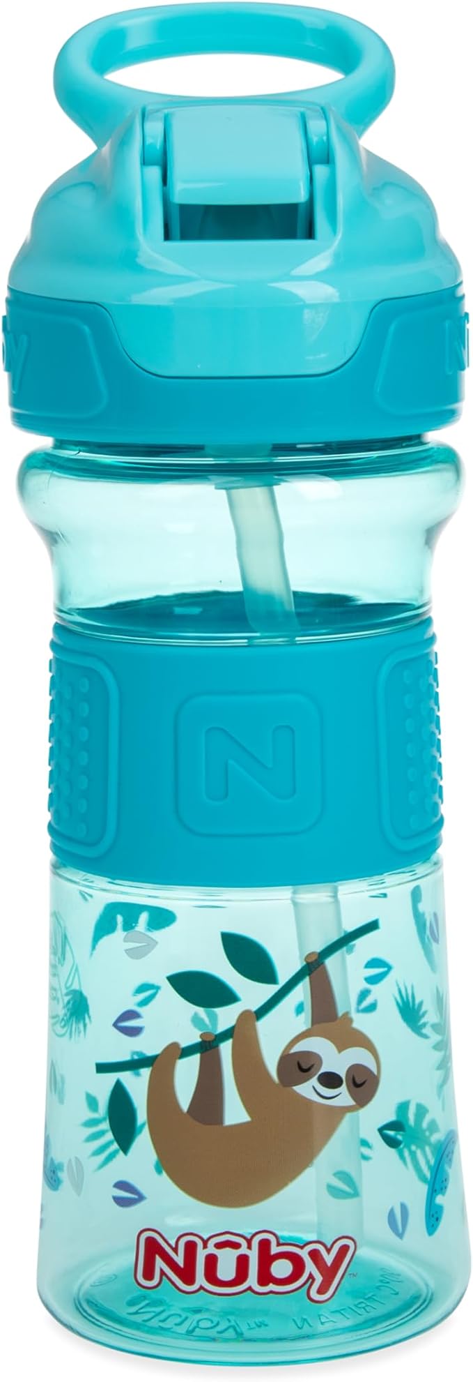 Nuby Thirsty Kids Push Button Flip-it Soft Spout on The Go Water Bottle with Easy Grip Band, 12oz, Sloth