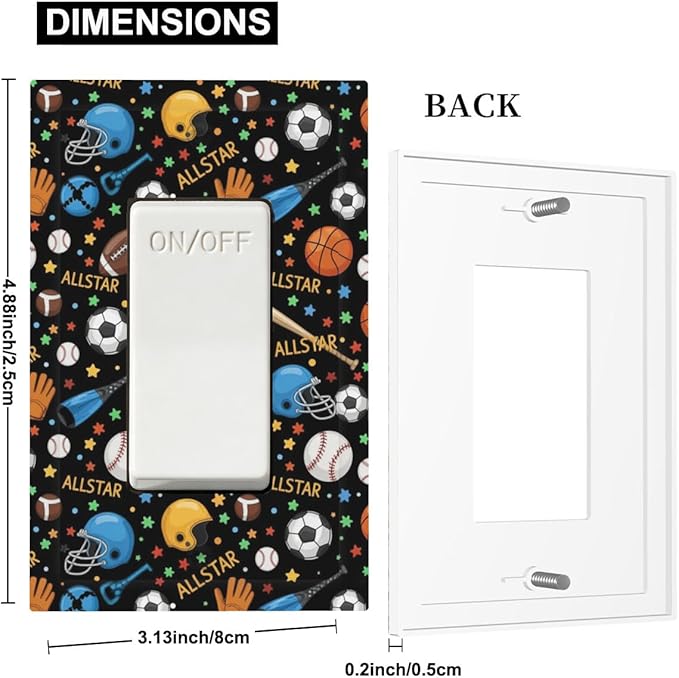 All Star Sports Single Rocker Switch Cover - 1-Gang Standard US Size Multi-Sport Light Switch Covers, Football Baseball Basketball for Boys & Girls Room Decor