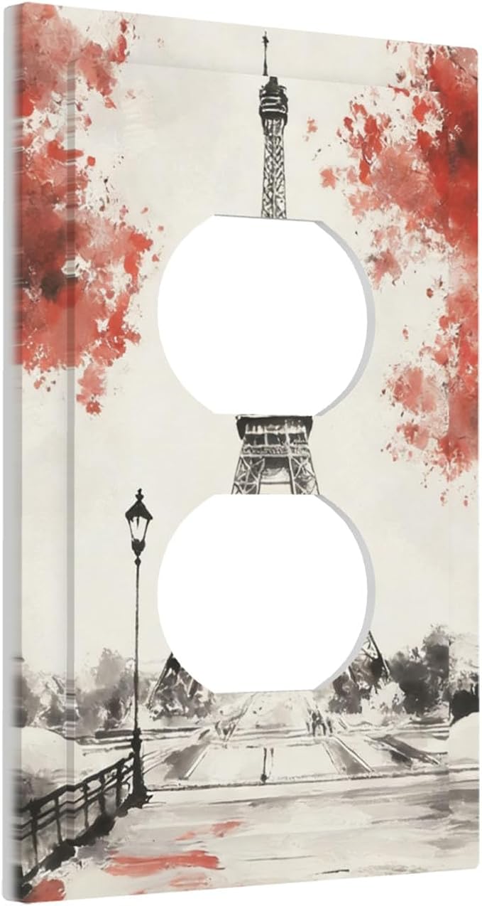 Parisian Watercolor Eiffel Tower Duplex Wall Plate - 1-Gang Standard US Size Paris Cherry Blossoms Romantic Outlet Covers, Vintage French Watercolor for Bedroom Decor