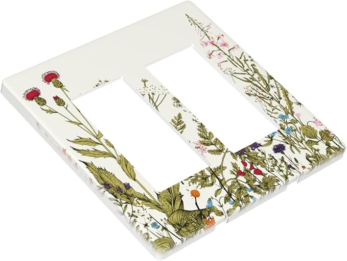Country Vintage Flowers Floral Wildflower 2 Gang Double GFCI Decorative Decorator Rocker Light Switch Cover Herbs Sage Blossom Dual Device Outlet Switch Face Wallplate Screwless for Socket USB Dimmer