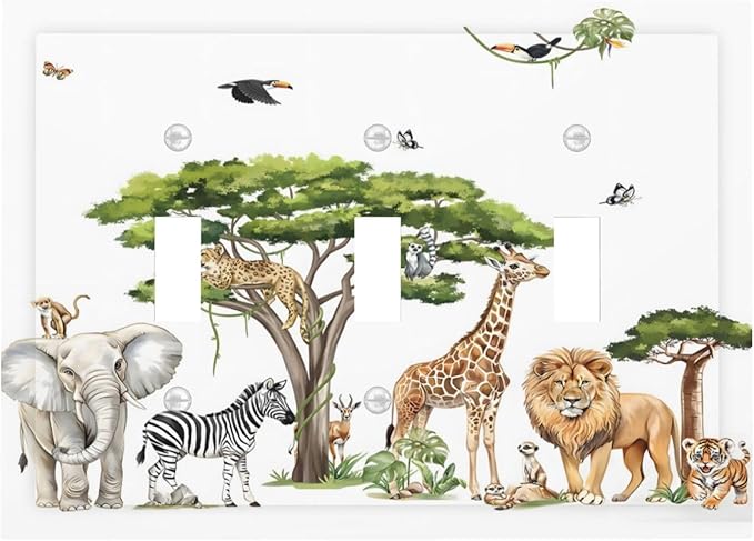 Large Animals Elephant Giraffe Jungle Lion Leopard Zebra Decorative Switch Plates 3 Gang Wall Plate Triple Toggle Light Switch Cover Faceplate Electrical Wall Panels for Kids Room Nursery Decor