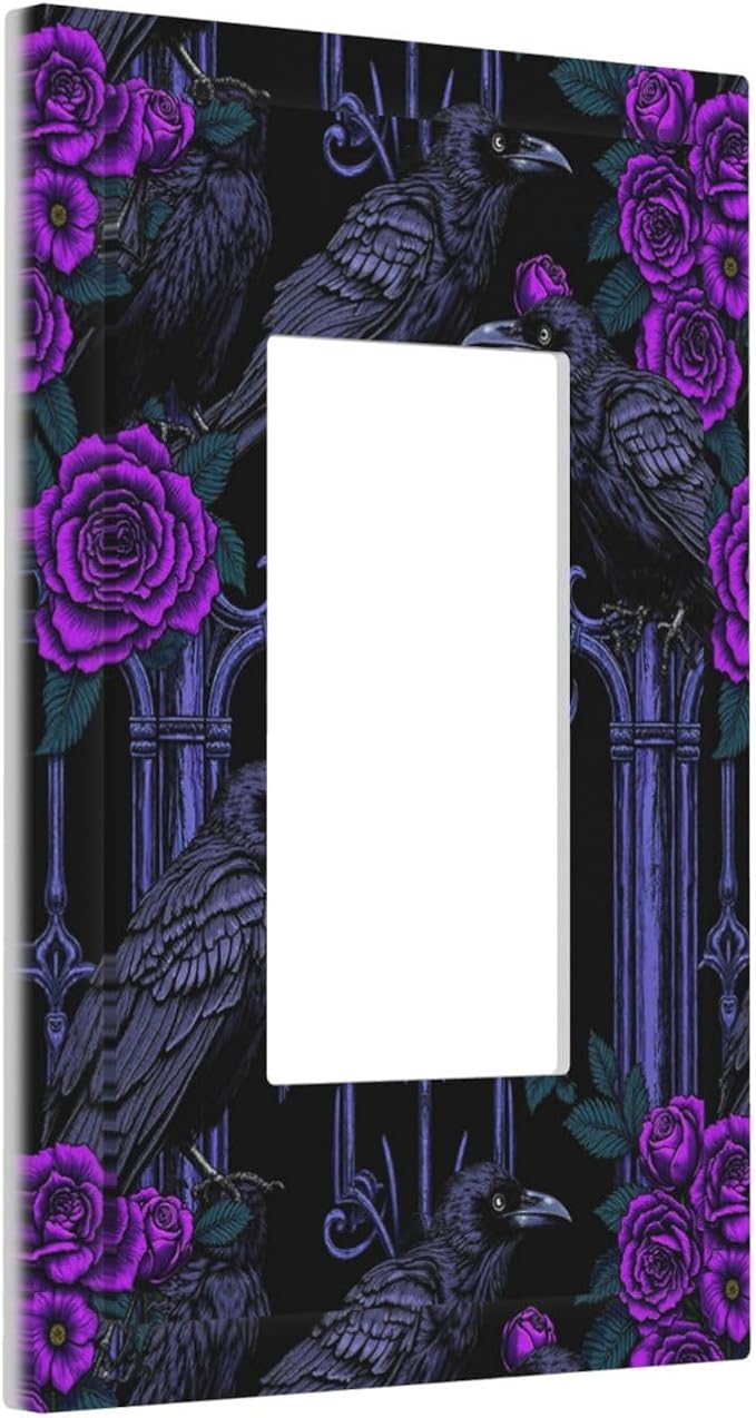 Decorative Outlet Covers Gothic Style Crow Purple Flowers 1 Gang Single Rocker Light Switch Cover Plate Wall Plates GFCI Faceplate for Bedroom living Room Decor