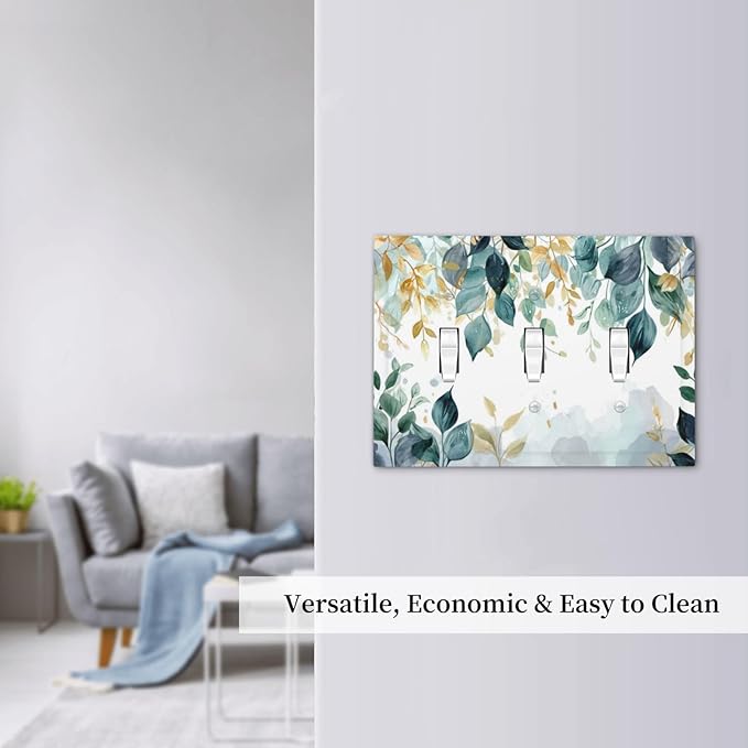 Boho Goldgreen Leaf Botanical Eucalyptus Leaves Decorative Switch Plates 3 Gang Wall Plate Triple Toggle Light Switch Cover Faceplate Electrical Wall Panels for Bedroom Living Room Decor