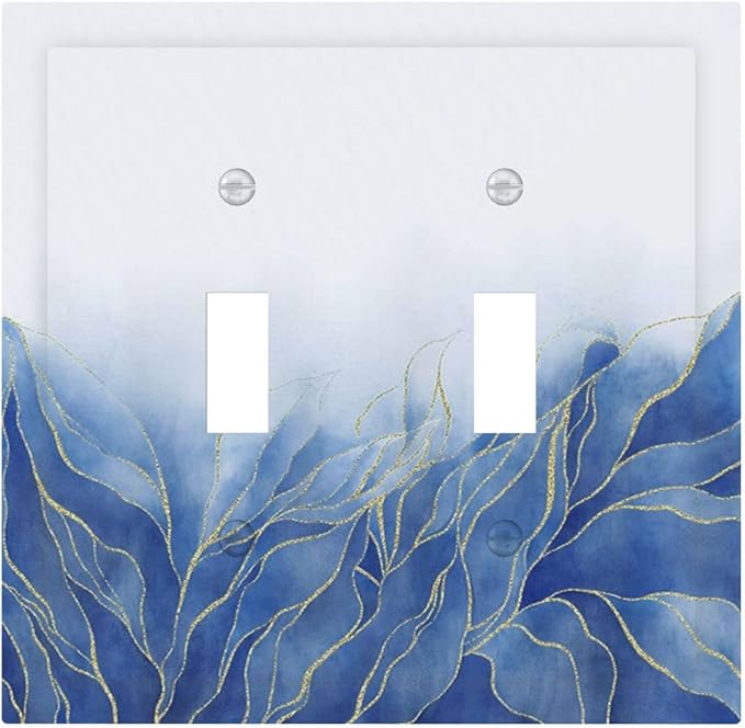Light Switch Cover Plate Blue Gold Leaf Marble Modern Abstract 2 Gang Double Toggle Decorative Switch Plates Plug Cover Wall Plates Electrical Faceplate for Kitchen Bathroom Decor