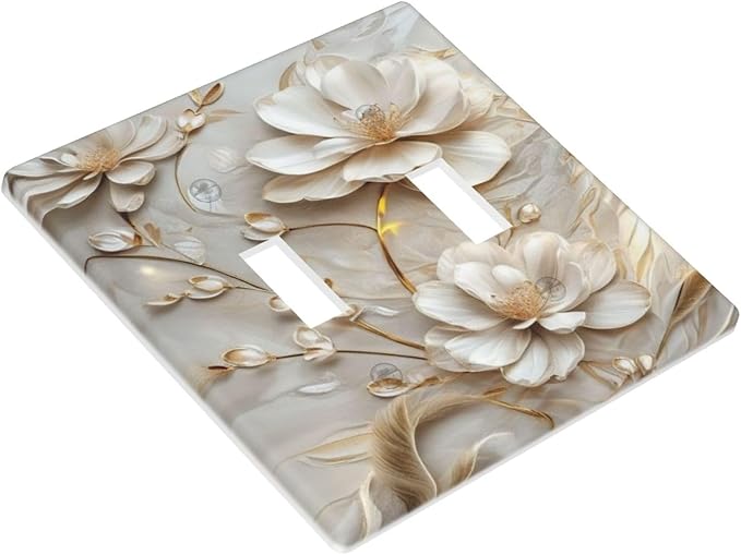 Decorative Art Light Switch Covers Elegant White and Gold Florals 2 Gang Double Toggle Wall Plate Decorative Switchcover Electrical Switchplate for Home Decor