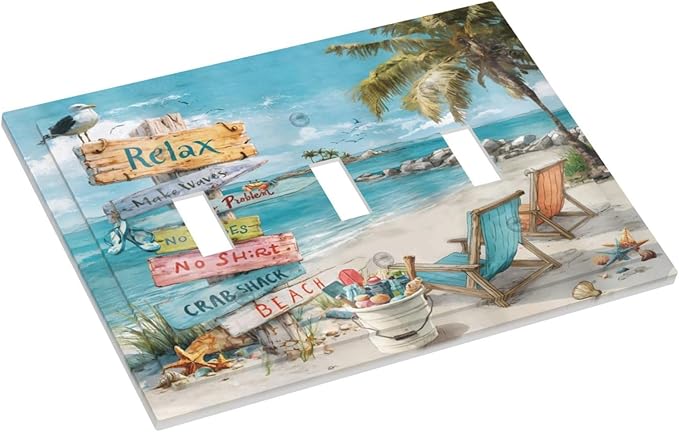 Ocean Beach Tropical Palm Tree Coastal Seaside Decorative Switch Plates 3 Gang Wall Plate Triple Toggle Light Switch Cover Faceplate Electrical Wall Panels for Kids Room Living Room Decor