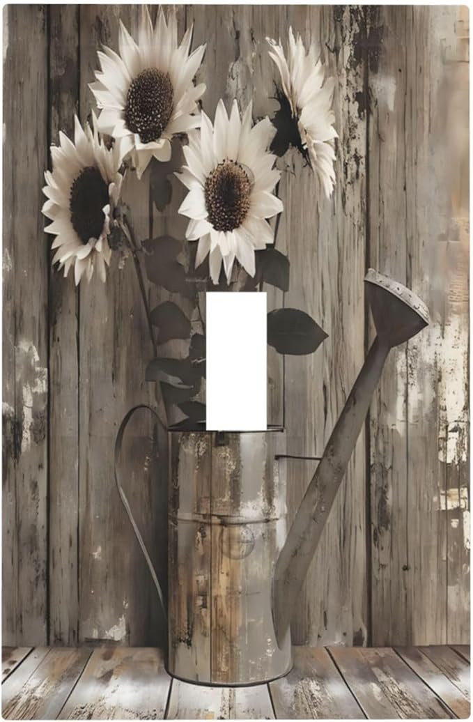 Rustic Floral Country Sunflower Daisy Old Wooden Boards Decorative Light Switch Cover 1 Gang Single Toggle Device Electrical Faceplate Switchplates Decorator Outlet Wall Plate for Farmhouse Home Decor