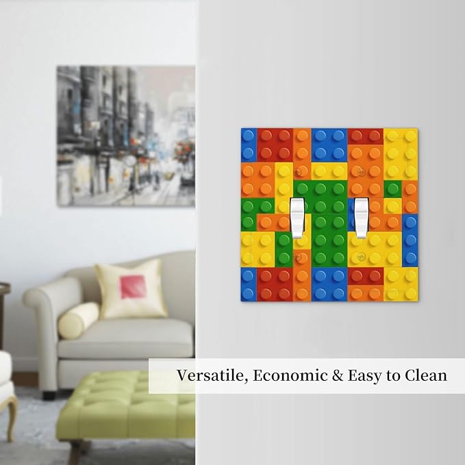 Building Blocks Theme Colored Bricks Print Decorative Switch Plates 2 Gang Double Toggle Outlet Light Switch Cover Wall Plate Electrical Faceplate for Room Office Home Decor