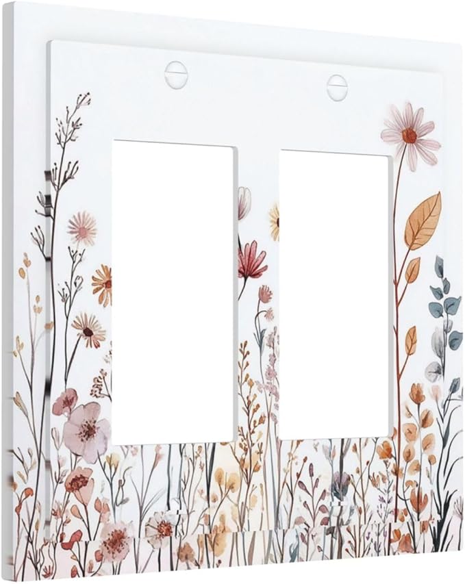 Decorative Outlet Covers Spring Floral Pink Wildflower Leaves Plants 2 Gang Double Gfci Rocker Electrical Wall Panels Light Switch Cover Plate For Home Bed Room Decor