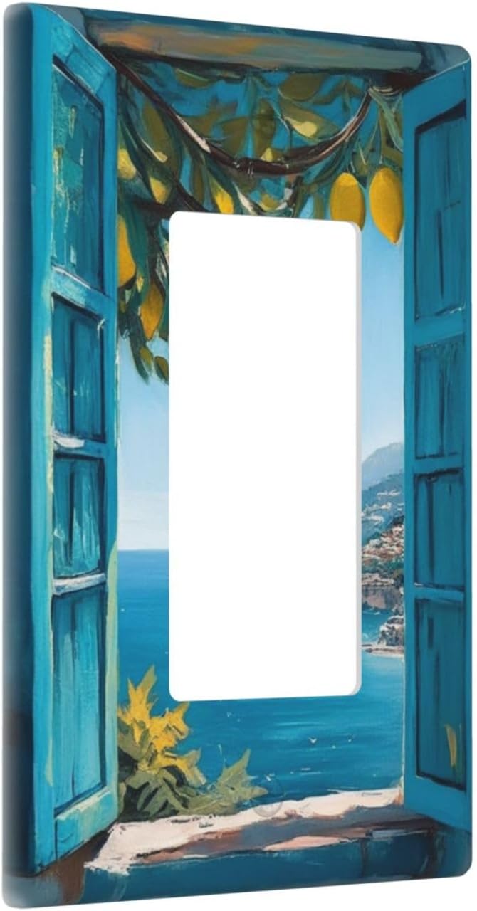 Decorative Art Light Switch Covers Blue Seaside Window with Lemons 1 Gang Rocker Outlet Wall Plate Switchplate Electrical Faceplate for Home Decor