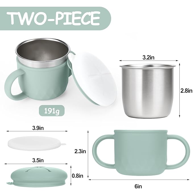 Toddler Snack Containers Stainless Steel Spill-Proof Snack Containers for Toddlers with Spill-Proof Silicone Lids and Handles 4-in-1 Baby Snack Cup is Dishwasher Safe for Easy use On The Go（Green）