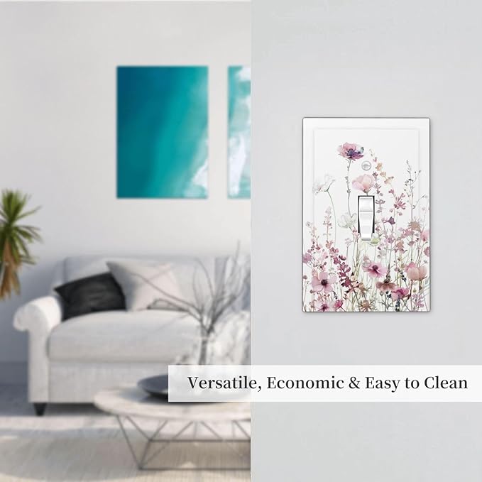 Floral Pink Watercolor Wildflowers Plant Flower Decorative Light Switch Cover 1 Gang Single Toggle Device Electrical Faceplate Switchplates Decorator Outlet Wall Plate for Bedroom Living Room Decor