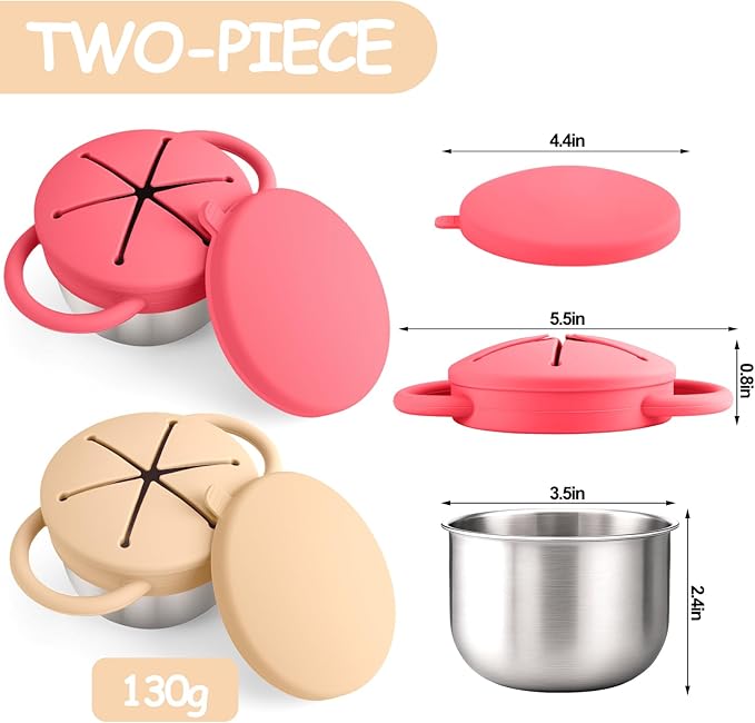 Mity rain Stainless Steel Snack Containers for Toddlers with Spill-Proof Silicone Lids Handles - 3-in-1 Baby Snack Cups, No-Spill Toddler Snack Box (Yellow+Red, Two piece set)