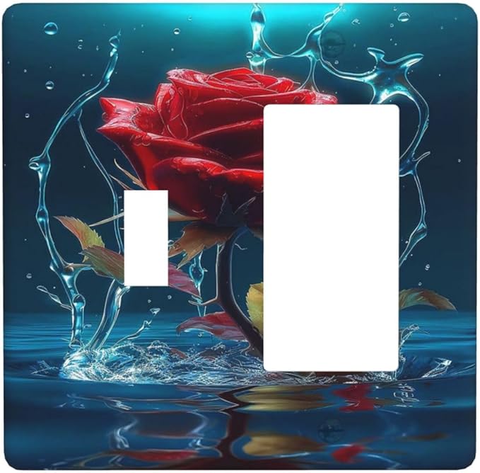 Red Rose Blue Water Drips 2 Gang Single Toggle Rocker Combination Light Switch Cover Decorative Wall Plate Cover Electrical Faceplate for Kidroom Bathroom Bedroom Kitchen Decorate