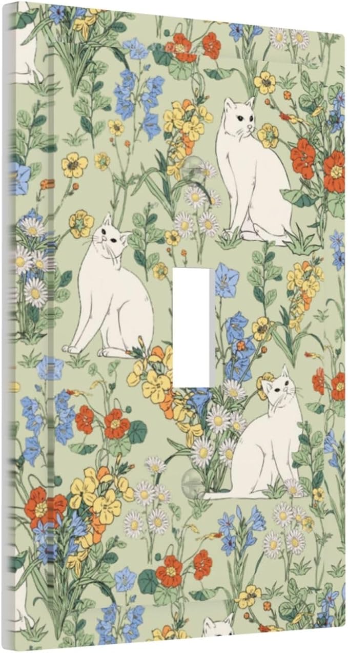 Decorative Light Switch Cover Vintage Floral Cute Cat Colorful Flowers 1 Gang Single Toggle Device Electrical Faceplate Switchplates Decorator Outlet Wall Plate For Bed Room Living Room