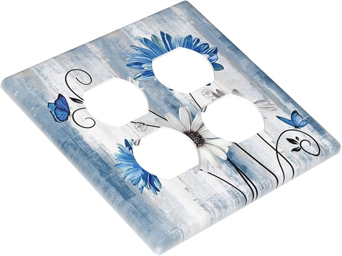 Decorative Outlet Covers Rustic Teal Blue Daisy Floral Farmhouse 2 Gang Double Duplex Light Switch Cover Wall Plates Electrical Socket Cover Art Faceplate for Bathroom Bedroom Decor