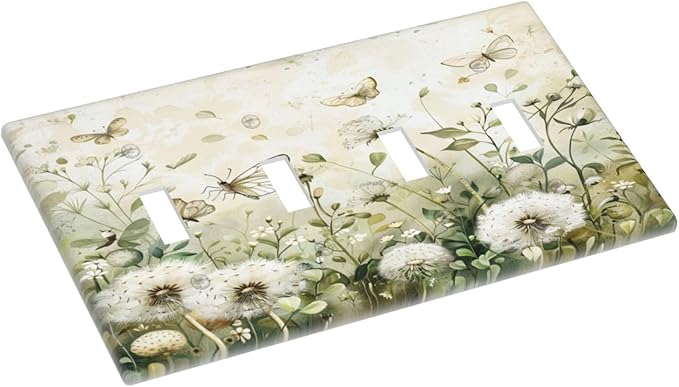 Light Switch Cover Plate Watercolor Butterflies Dandelions Wildflowers 4 Gang Quad Toggle Decorative Switch Plates Electrical Wall Plates Faceplate for Bathroom Bedroom Decor