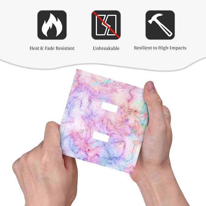 Decorative Switch Plate Covers Cute Marble Texture 2 Gang Double Toggle Light Switch Cover Pink Purple Gold Abstract Electric Wall Plate Dual Device Electrical Faceplate for Kids Girls Nursery Decor