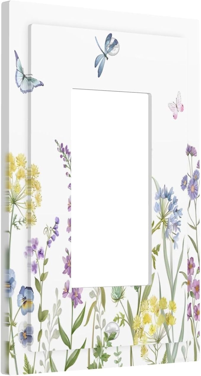 Colorful Wildflowers Dragonfly Lavender Butterfly Insect Decorative Outlet Covers 1 Gang Single Rocker Light Switch Cover Plate Wall Plates GFCI Faceplate for Bedroom Living Room Decor
