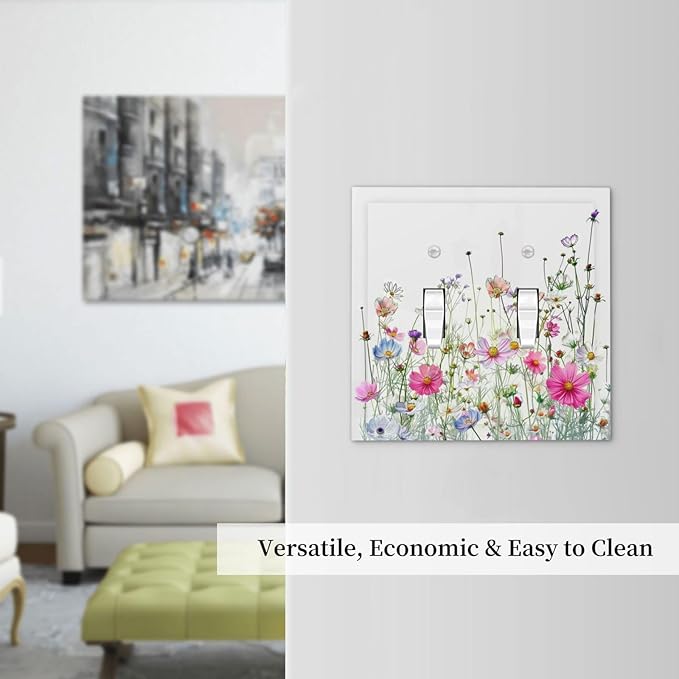 Decorative Switch Plates Boho Colorful Flowering Plant Wild Flower 2 Gang Double Toggle Outlet Light Switch Cover Wall Plate Electrical Faceplate For Bed Room Living Room Decor