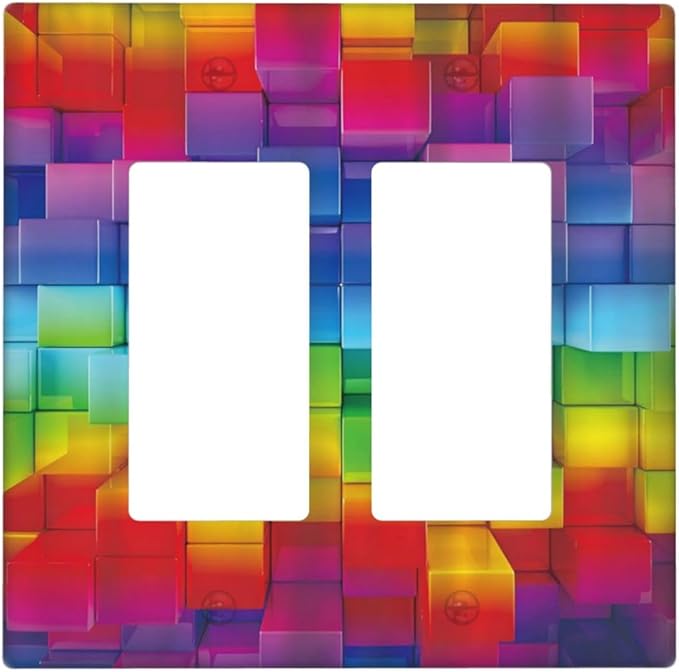 3D Colorful Rainbow Wall Abstract Squre Shaped 2 Gang Rocker Decora Light Switch Covers Decorative Unique Dual Outlet Covers Wall Plate Electrical Faceplate Switchplate GFCI for Kitchen Bedroom Decor