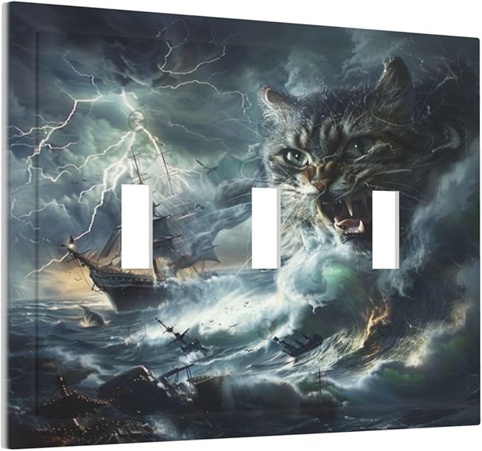 Light Switch Cover Plate funny Cat Stormy sea Lightning Sailboats 3 Gang Triple Toggle Decorative Switch Plates Wall Plates Electrical Switchplate Faceplate for Bathroom Kid Room Decor
