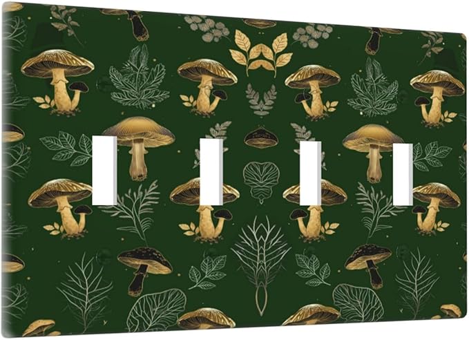 Decorative Light Switch Cover Plate Cute Gold Mushtroom Green Plant Leaf 4 Gang Wall Plates for Electrical Outlets Quad Toggle Switch Plate Covers Outlet Covers Faceplate for Home Decor