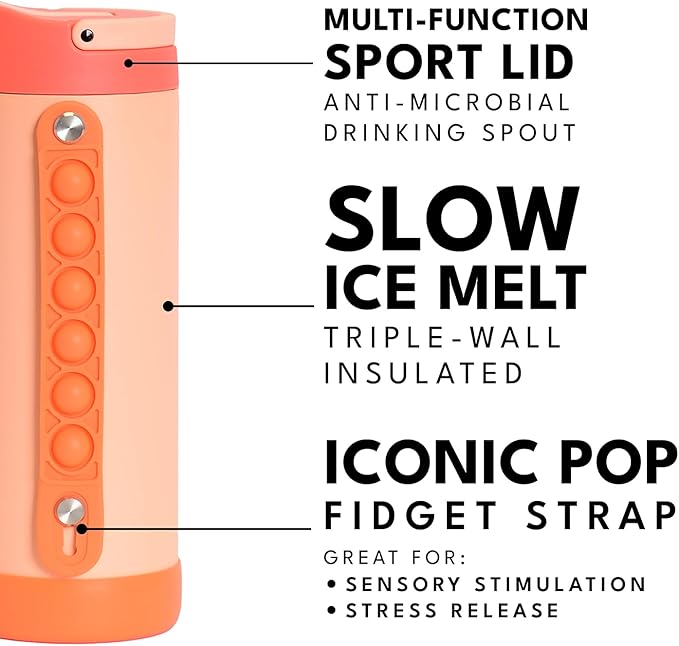 Elemental Iconic Kids Water Bottle for School - 100% Leak-Proof Insulated Water Bottles with Straw Lid & Pop-It Handle for Boys & Girls - Triple-Wall Insulated & BPA-Free, 14oz – Peach Sunrise