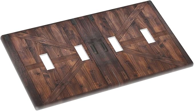 Light Switch Cover Rustic Brown Barn Door Retro Wood Plank 4 Gang Switch Plate Quad Toggle Wall Plates Country Decorative Switchplate Electrical Outlet Cover Plates for Bathroom Home Decor