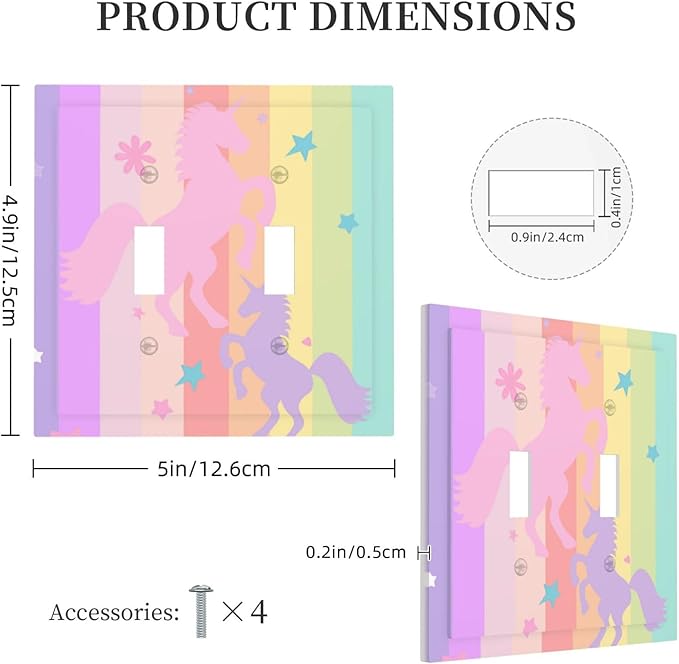 Cute Purple Pink Rainbow Unicorn 2 Gang Light Switch Cover Double Toggle Wall Plate Decorative Electrical Switchplate Covers Faceplate for Nursery Girls Boys Room Kids Room Decor