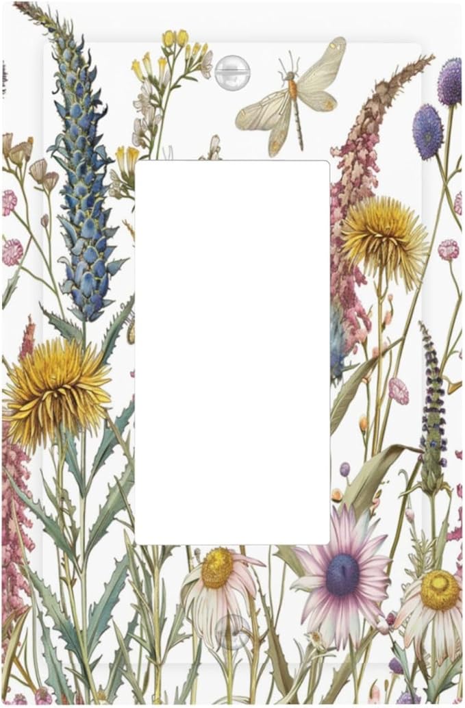 Light Switch Cover Plate Botanical Wildflowers Dragonfly Colorful Floral 1 Gang Outlet Covers Single Rocker Decorative Switch plates Electrical Wall Plates GFCI Receptacle for Bathroom Bedroom
