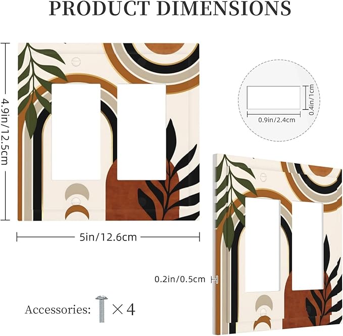 Boho Mid Century Arch Plant Leaves Sun Moon Decorative Outlet Covers 2 Gang Double GFCI Rocker Electrical Wall Panels Light Switch Cover Plate for Bedroom Living Room Decor