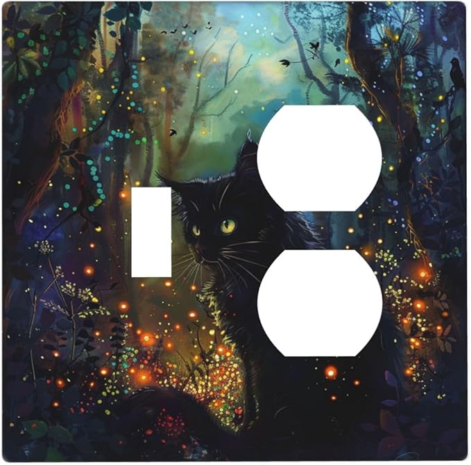 Light Switch Cover Plate Magic Fantasy Forest Mysterious Black Cat 2 Gang Decorative Switch Plates 1 Toggle Duplex Combo Outlet Covers GFCI Wall Plates for Kid Room Bathroom Decor